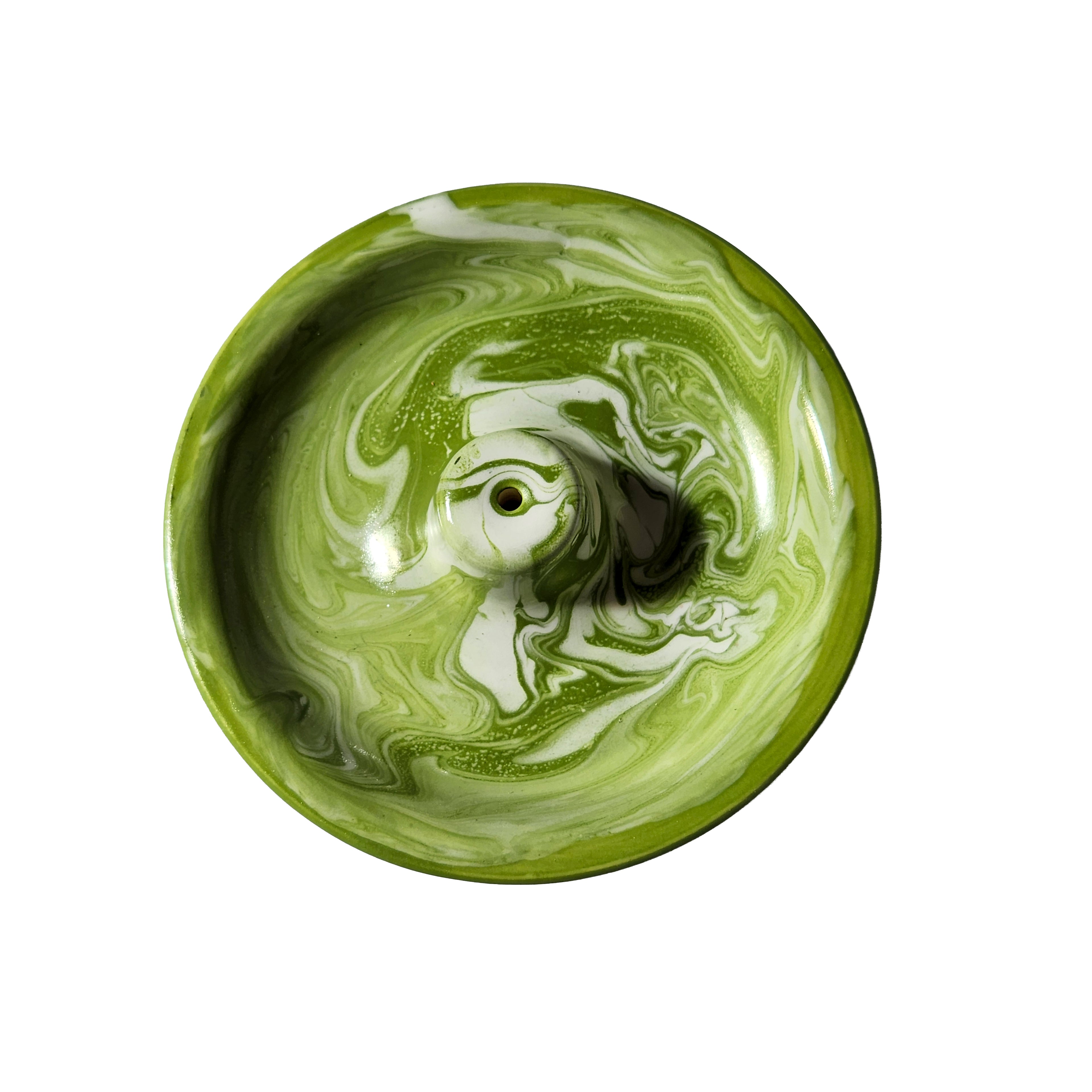 Handmade porcelain incense burner - green swirl & green rim
