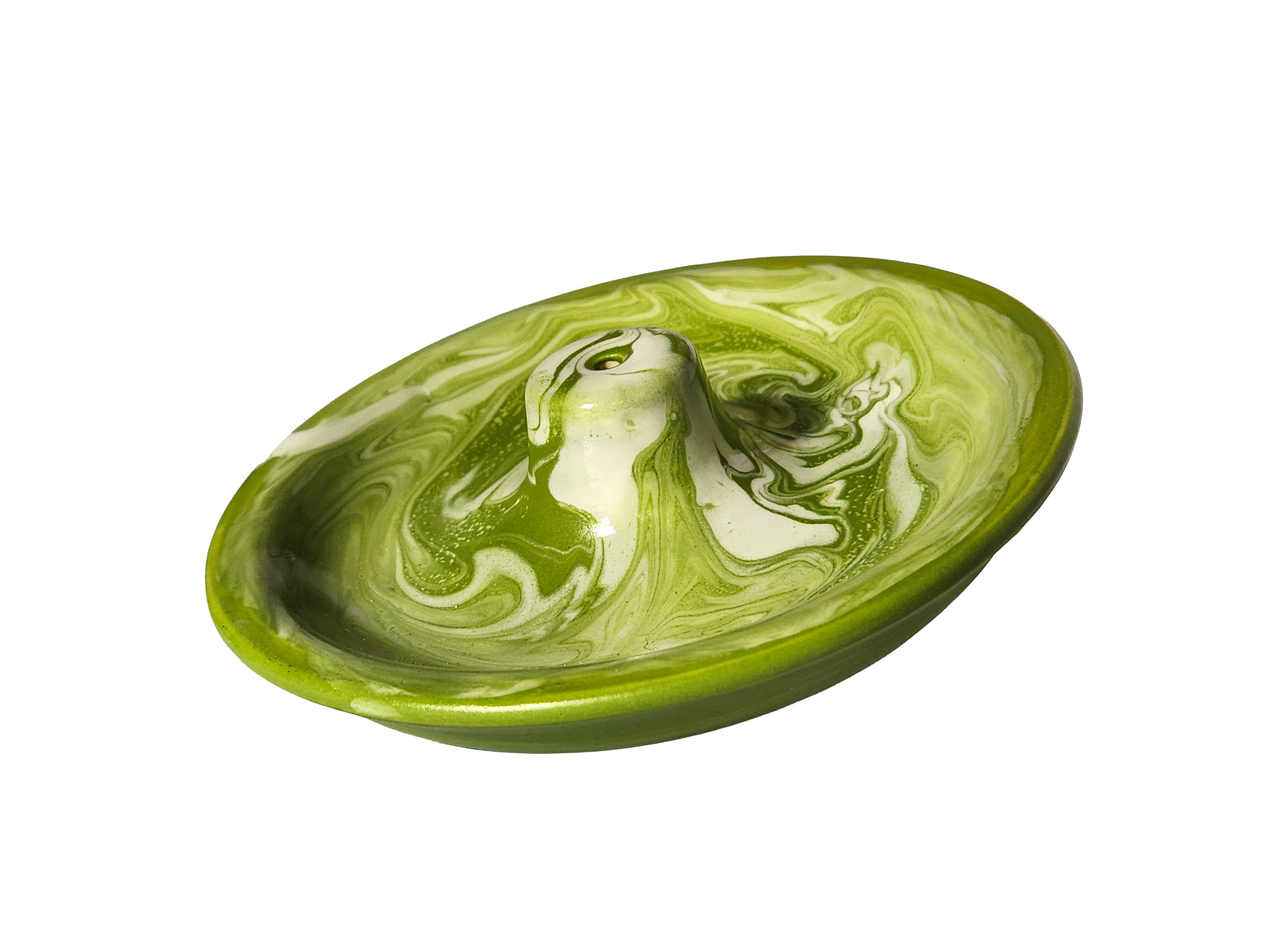 Handmade porcelain incense burner - green swirl & green rim