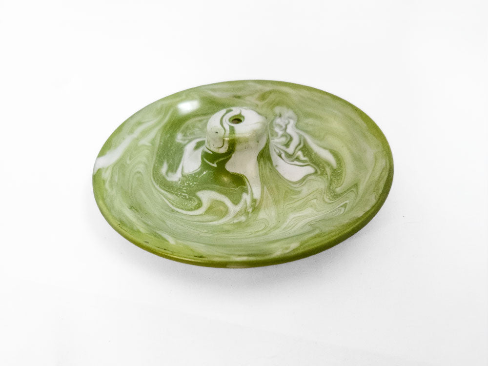 Handmade porcelain incense burner - green swirl & green rim