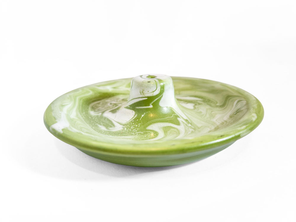 Handmade porcelain incense burner - green swirl & green rim