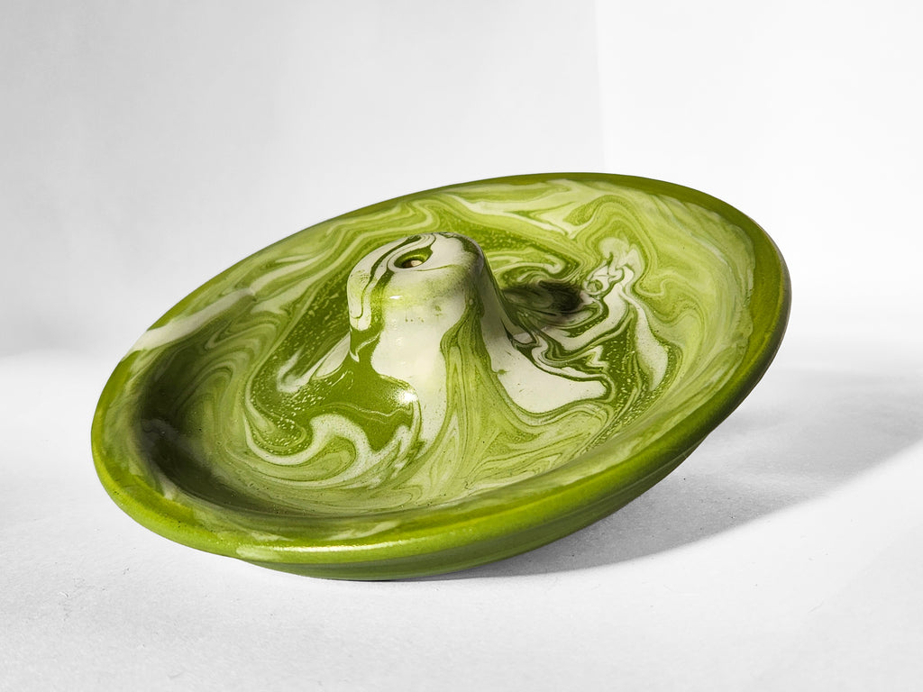 Handmade porcelain incense burner - green swirl & green rim
