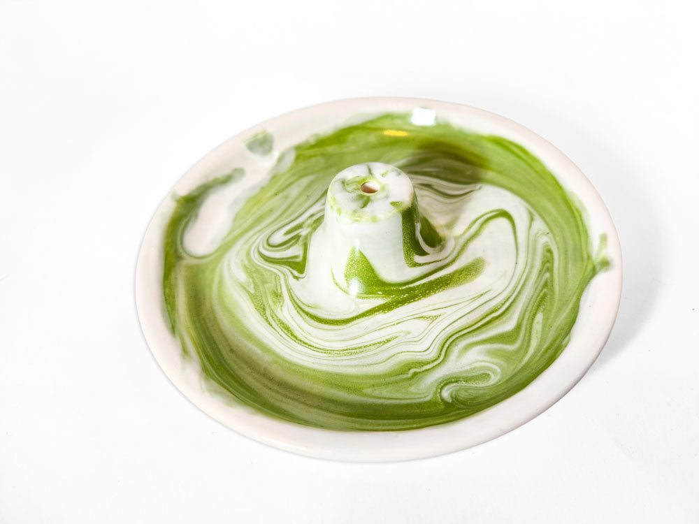 Handmade porcelain incense burner - green swirl & white rim