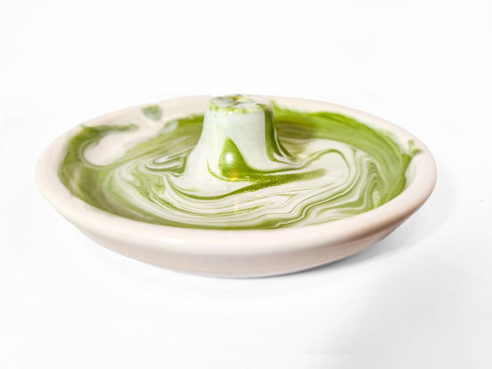 Handmade porcelain incense burner - green swirl & white rim