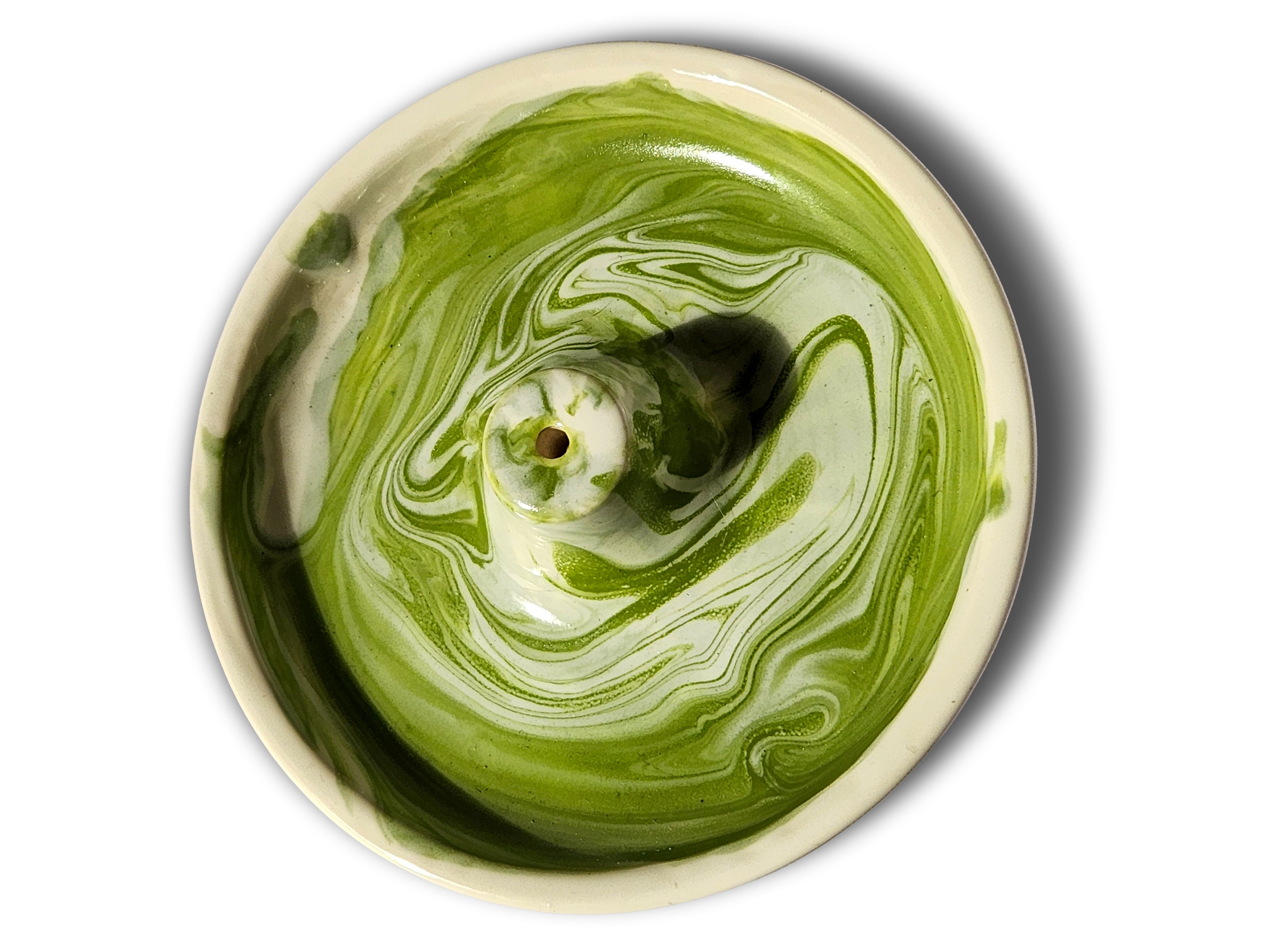 Handmade porcelain incense burner - green swirl & white rim