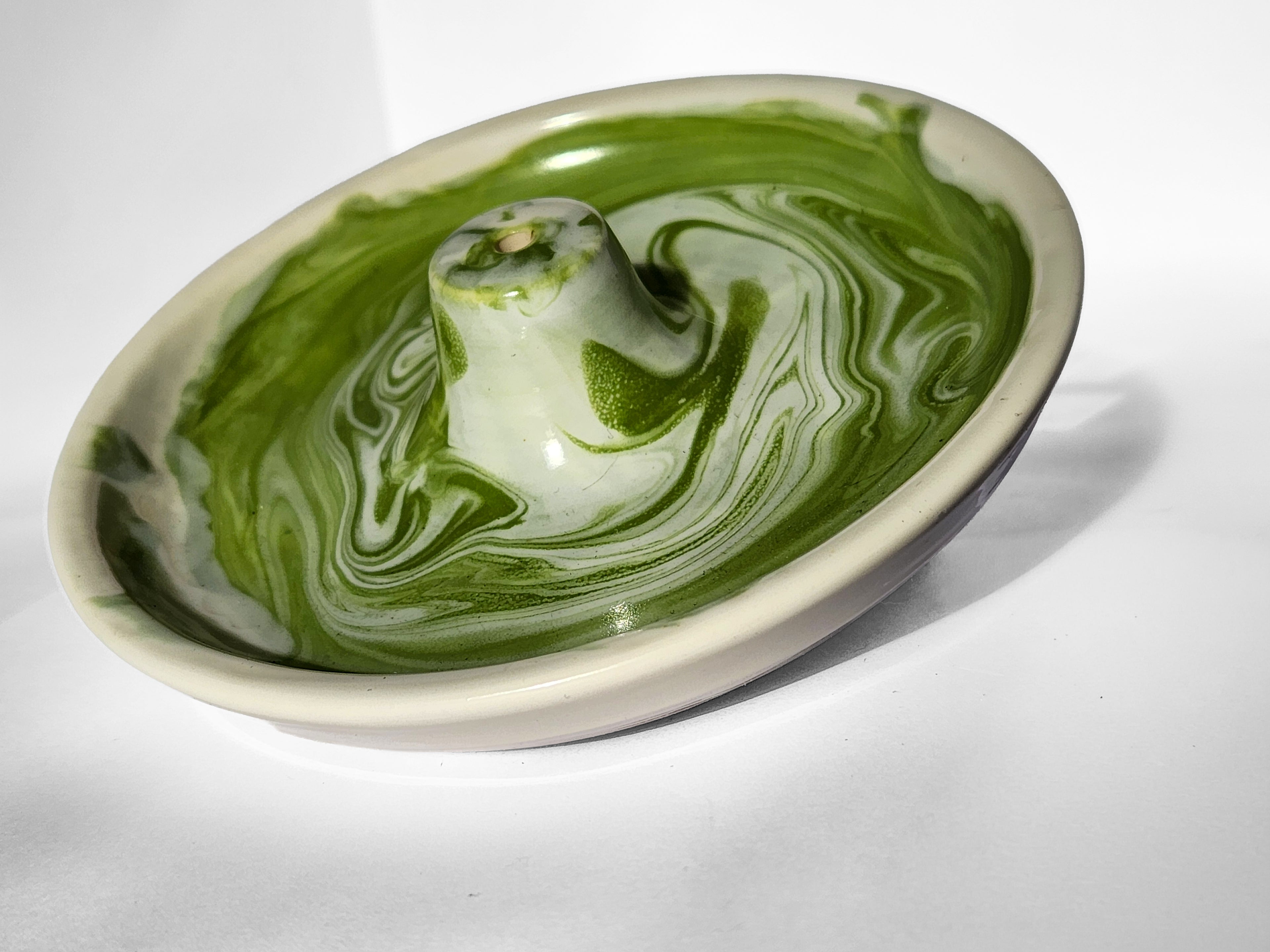 Handmade porcelain incense burner - green swirl & white rim
